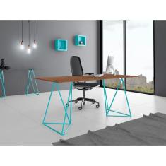 Escrivaninha Bela Vista Cavalete Tampo Imbuia Base Ferro Azul Turquesa