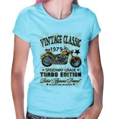 Baby Look Vintage Classic Moto - Foca na Moda, Azul bebê, G