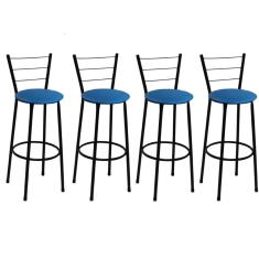 Kit 4 Banquetas Alta Preta com Encosto Assento Azul Jaddi