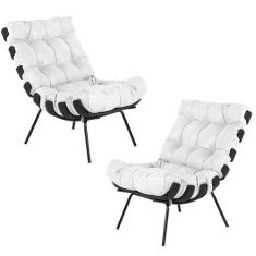 Kit 2 Poltrona Decorativa Sala de Estar Costela Base Preta Couro Branc