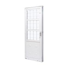 Porta de Aço com Postigo 215x83cm com Grade Quadriculada e Vidro Liso QualitySolRamassol
