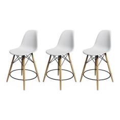 Kit 3 Banquetas Eames Eiffel de Madeira Assento Branco - CASA PRIME