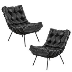 Kit 2 Poltrona Decorativa Sala de Estar Costela Base Preta Couro Preto