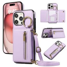 Suporte de cartão de anel crossbody com zíper capa de telefone carteira para iPhone 15 Pro Max 14 Plus 13 12 11 XS XR 7 8 SE 2020 2022 Capa de couro, roxa, para iPhone 13 Pro Max
