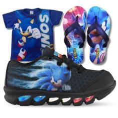 tenis de led infantil masculino sonic preto com luzinha meninos mais chinelo e camisa-Masculino