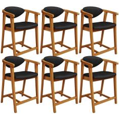 Kit 6 Banquetas Baixa Cecília L02 Assento Estofado Courino Preto Base Madeira com Encosto Lyam Decor