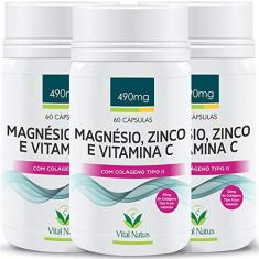 Magnésio + Zinco + Vitamina C + Colágeno Tipo 2 3 Frascos
