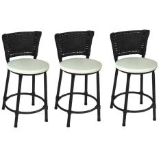 Kit 3 Banquetas Baixas Preta com Encosto Junco Preto Assento Branco