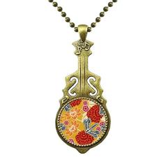 DIYthinker Colar com estampa de flores asiáticas estilo chinês japonês com pingente de música de guitarra antiga