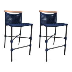Kit 2 Banquetas Em Corda Náutica Base Em Alumínio Preta Com Detalhe Em Madeira Azul Marinho Azul