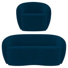 Sofá 3 Lugares Living 180cm E 1 Poltrona Giratória Garbin Z08 Veludo Azul Marinho - Mpozenato