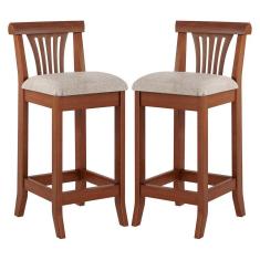 Kit 2 Banquetas Média Estofada Encosto Valentina 36x90Cm Bancada Madeira Maciça Linho Bege M58 - RMI