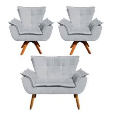 Kit Namoradeira e 2 Poltronas Base Giratória Madeira Opla Suede Cinza - Ibiza