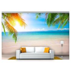 Papel De Parede Praia Mar Coqueiro Céu Sol 3D Npr216 - Você Decora