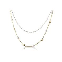 Colar Duplo com Corrente de Pérola e Mini Corações Dourados Folheado em Ouro 18k