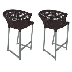 Kit 2 Banquetas Reis Em Corda Náutica E Base Em Alumínio Cinza Para área Gourmet Externa Marrom