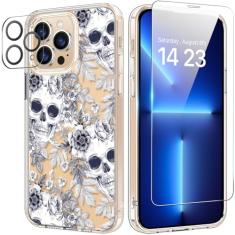bicol Capa para iPhone 13 Pro Max com protetor de tela e lente de câmera - Design floral de flores elegantes para mulheres e meninas - Capa de telefone transparente de acrílico à prova de choque de