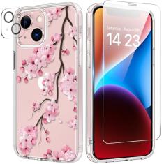 bicol Capa para iPhone 13 com protetor de tela e lente de câmera - Design floral de flores elegantes para mulheres e meninas - Capa de telefone transparente de acrílico à prova de choque de 6,1