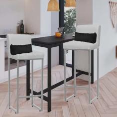 Kit 02 Banqueta Alta com Encosto Lucca Industrial Cozinha Balcão Ferro Prata Corino Branco e Almofada Preto - Ahazzo Móveis