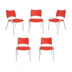 Kit 5 Cadeiras Iso Para Escola Escritório Comércio Vermelha Base Branca