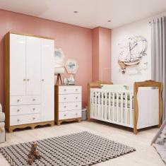 Quarto de Bebê Completo Berço 3 em 1, Cômoda e Guarda-Roupa MDF Nina E