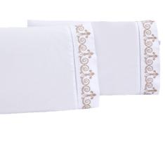 Jogo lençol queen quarto casal bordado 3 peças branco caqui