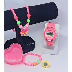 Kit Relógio Infantil Digital Menina Esporte Watch + Conjunto Colar e  Anel Florzinha Borboleta Coração Miçangas Pérolas