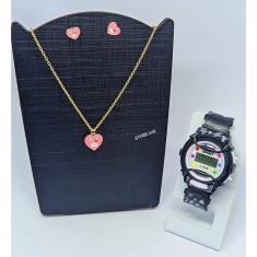 Kit Relógio Infantil Digital Menina Esporte Silicone Colorido + Conjunto Colar e Brincos Aço Desenho Animado Moda