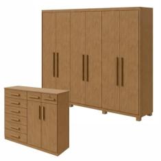 Conjunto de Guarda-roupa 6 Portas com Pés Áries e Cômoda Toronto Amêndoa Clean