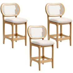 Kit 3 Banquetas Baixa Bar Cozinha Sala de Jantar Betta L02 Mel Tela Linho Cru - Lyam Decor