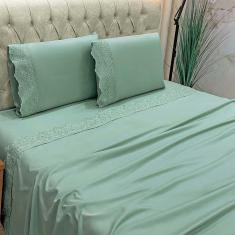 Jogo De Cama Lençol Bella Casal 4 Peças Micropercal 300 Fios Bordado Inglês Macio Verde 100% Poliéster