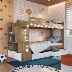 Cama Beliche Infantil Bicama Menino Menina 2,32m com Escada, Nichos e 