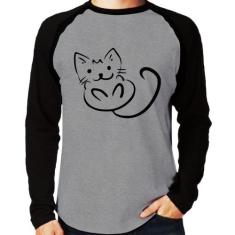 Camiseta Raglan Gatinho Traços Manga Longa - Foca na Moda, Cinza, Pret