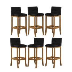 Kit 6 Banquetas Alta Encosto Estofado 38x100 Cm Ilha Espanha Madeira Maciça Amêndoa Suede Preto CCS