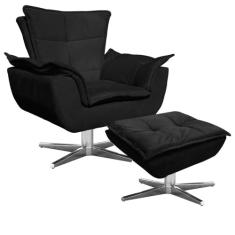 Poltrona Decorativa Base Giratória Cromada com Puff Opla Suede Preto - Ibiza