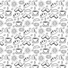 Papel De Parede Branco E Desenhos Preto Chá Pão Café Rosca - LRP