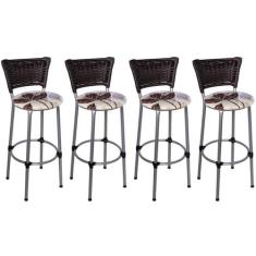 Kit 4 Banquetas Altas Prata com Encosto Junco Argila Assento Floral Ma