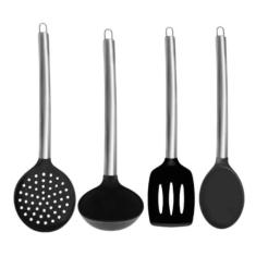 Jogo Utensilios Cozinha Silicone Cabo Metal 04 Pçs Preto - Unyhome