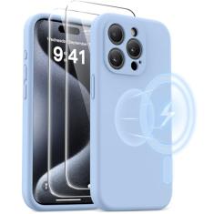 AOTESIER Capa magnética para iPhone 15 Pro, [compatível com Magsafe] [Silicone de grau alimentício] Capa de proteção de tela e câmera atualizada com [2 protetores de tela], 6,1 polegadas, azul claro