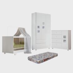 Quarto de Bebê Berço Mini Cama com Colchão, Cômoda 1 Porta 4 Gavetas e Roupeiro 3 Portas 2