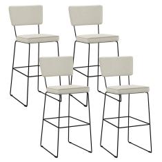 Kit 04 Banquetas Alta Base Aço Fixa Linho Champagne