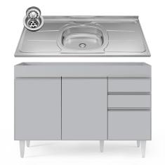 Balcão De Cozinha Com Pia Inox 120cm 3 Portas Michigan Cinza Claro - Lumil