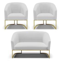 Namoradeira E 2 Poltronas Base Industrial Dourado Stella Linho D03 - D'rossi Cor A05 Cinza
