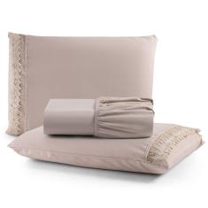 Jogo Cama Lençol Haia Casal Padrão Percal 200 Fios 100% Algodão Guipir Bordado Inglês 3 Peças - Avelã