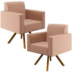 Kit 02 Poltronas Decorativa Base Giratória de Madeira Helô L02 Linho Rosê - Lyam Decor