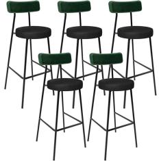 Kit 05 Banquetas Alta Bar Cozinha Sala De Jantar Milão L02 Facto Verde Couríssimo Preto - Lyam Decor