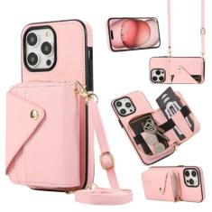 Capa de couro com cordão crossbody para iPhone 15 Pro Max 13 12 11 14 Plus XR XS 7 8 SE 2022 Cartões Solt Carteira Bolsa Capa de bolso, rosa DF08, para iPhone XR
