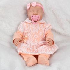 Boneca Bebê Reborn Recém Nascida Vestido Salmão 11 Itens - Cegonha Reb