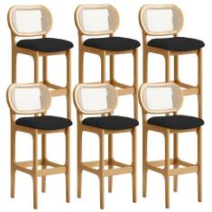 Kit 06 Banquetas Altas Betta Fixa L02 Madeira Maciça Assento Tecido Preto Lyam Decor