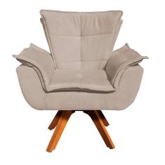 Poltrona Giratória Opala Suede Bege Base Madeira